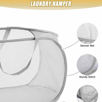 Mesh Collapsible Laundry Basket with Pockets and Reinforced Carry Handles, Foldable Dirty Clothes Pop up Laundry Hamper for Dorm Bathroom Bedroom Travel Dorm Camping (1, Grey).