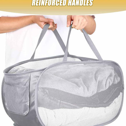 Mesh Collapsible Laundry Basket with Pockets and Reinforced Carry Handles, Foldable Dirty Clothes Pop up Laundry Hamper for Dorm Bathroom Bedroom Travel Dorm Camping (1, Grey).