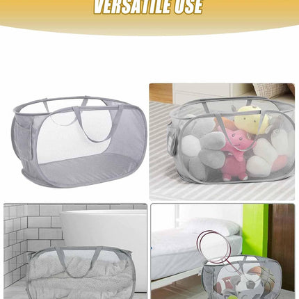 Mesh Collapsible Laundry Basket with Pockets and Reinforced Carry Handles, Foldable Dirty Clothes Pop up Laundry Hamper for Dorm Bathroom Bedroom Travel Dorm Camping (1, Grey).