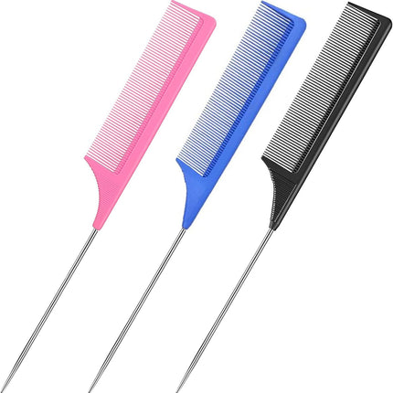 3 Pack Rat Tail Comb, Carbon Fiber Heat Resistant Teasing Combs with Stainless Steel Pintail for Women,Women Hair (black+blue+pink).