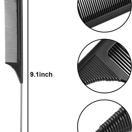 3 Pack Rat Tail Comb, Carbon Fiber Heat Resistant Teasing Combs with Stainless Steel Pintail for Women,Women Hair (black+blue+pink).