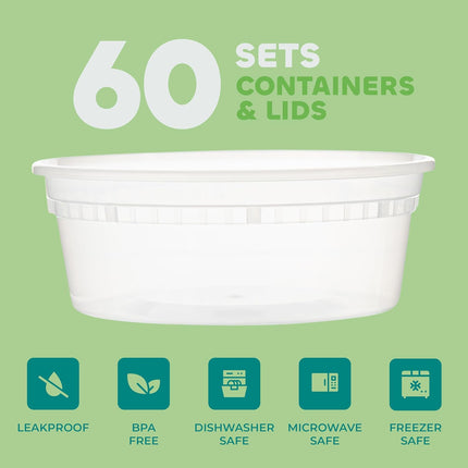 Deli Food Containers with Lids - 8 oz 60 Sets- Ideal for Food, Snacks, Takeout, Meal Prep - 1 Cup Small Durable Clear Containers for Food - Stackable and Durable, Freezer, Dishwasher & Microwave Safe.