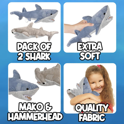 Stuffed Animal Sharks - Pack of 2 Large, 14 inch Mako & 13 inch Hammerhead Plush Shark Toys, Stuff Animals Toy, for Baby Toddlers & Kids.