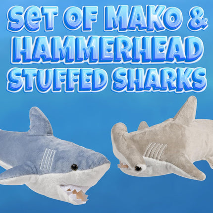 Stuffed Animal Sharks - Pack of 2 Large, 14 inch Mako & 13 inch Hammerhead Plush Shark Toys, Stuff Animals Toy, for Baby Toddlers & Kids.
