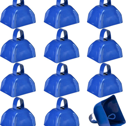 Metal Cowbells - Blue 3 Inch Cow Bells Noise Makers, Loud Call Bell with Handles for Sporting Events, Cheering, Team Spirit, Noisemakers, Weddings, (Pack of 12).