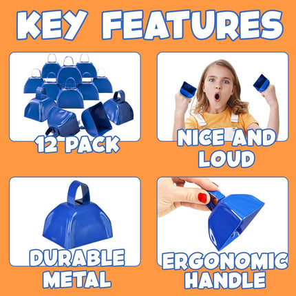 Metal Cowbells - Blue 3 Inch Cow Bells Noise Makers, Loud Call Bell with Handles for Sporting Events, Cheering, Team Spirit, Noisemakers, Weddings, (Pack of 12).