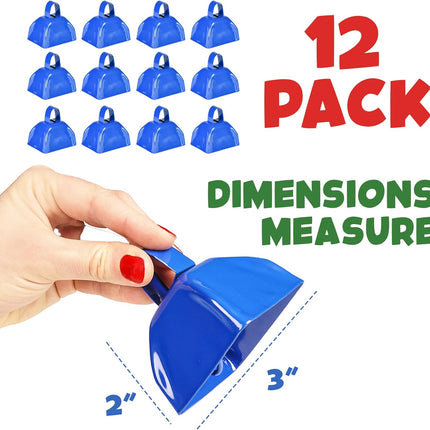 Metal Cowbells - Blue 3 Inch Cow Bells Noise Makers, Loud Call Bell with Handles for Sporting Events, Cheering, Team Spirit, Noisemakers, Weddings, (Pack of 12).