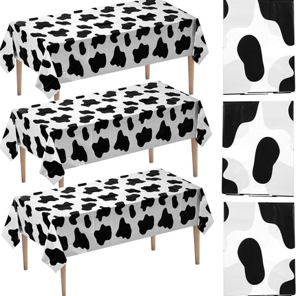 Cow Print Tablecloth (Pack of 3) 54 x 72 Inch Tablecloths for Farm Animal Themed Parties, Birthday Party Supplies and Picnic Table Covers, (Black and White).