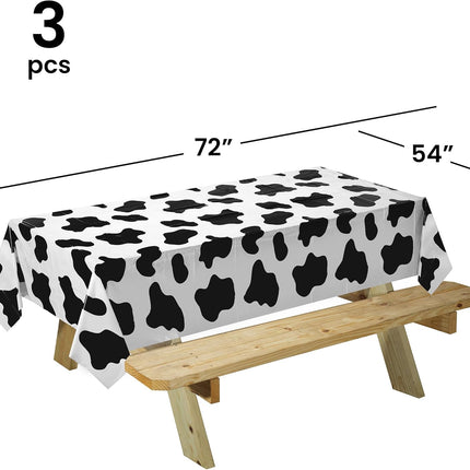 Cow Print Tablecloth (Pack of 3) 54 x 72 Inch Tablecloths for Farm Animal Themed Parties, Birthday Party Supplies and Picnic Table Covers, (Black and White).
