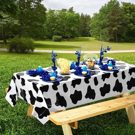 Cow Print Tablecloth (Pack of 3) 54 x 72 Inch Tablecloths for Farm Animal Themed Parties, Birthday Party Supplies and Picnic Table Covers, (Black and White).