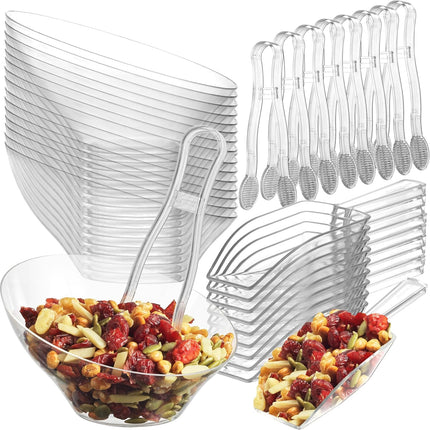 6 oz Clear Plastic Dessert Bowls (16 Pcs) with (8) Scoops and (8) Tongs, Angled Hard Disposable Ice Cream Bar Cups and Candy Buffet Containers Set for Serving Food, Appetizers, Buffets, Party Supplies.