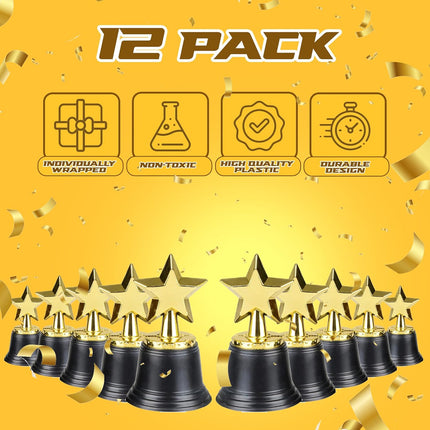 Star Trophy Awards - Pack of 12 Bulk - 4.5 Inch, Gold Award Trophies for Kids Party Favors, Props, Rewards, Winning Prizes, Competitions for Kids and Adults.