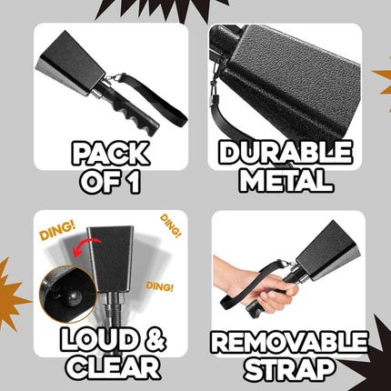 9" Metal Cowbells with Handle - (1 Pack) Cow Bells Loud Cheering Noise Makers for Sporting Events, Football Games, School Spirit, Rallies & Celebrations - Black Steel Percussion Music Instrument.