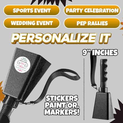 9" Metal Cowbells with Handle - (1 Pack) Cow Bells Loud Cheering Noise Makers for Sporting Events, Football Games, School Spirit, Rallies & Celebrations - Black Steel Percussion Music Instrument.