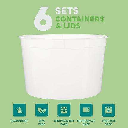 64 oz Food Storage Containers with Lids Pack of 6, Half Gallon Round Plastic Deli Container with Leak-Proof Lid, BPA-Free, Freezer, Dishwasher & Microwave Safe.