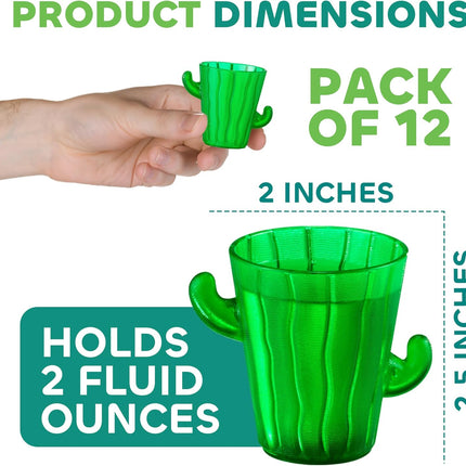 Cactus Plastic Shot Glasses - (Pack of 12) 2-Oz Shot Glasses Funny Cute Novelty Set for Bachelorette, Western, Cinco de Mayo, Tequila, Fiesta Themed Party Supplies, BPA-Free, Dishwasher-Safe, Green.