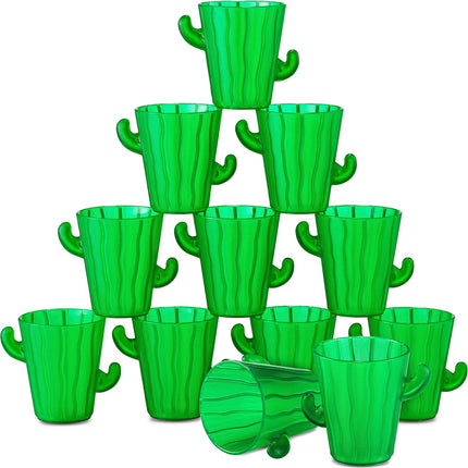 Cactus Plastic Shot Glasses - (Pack of 12) 2-Oz Shot Glasses Funny Cute Novelty Set for Bachelorette, Western, Cinco de Mayo, Tequila, Fiesta Themed Party Supplies, BPA-Free, Dishwasher-Safe, Green.