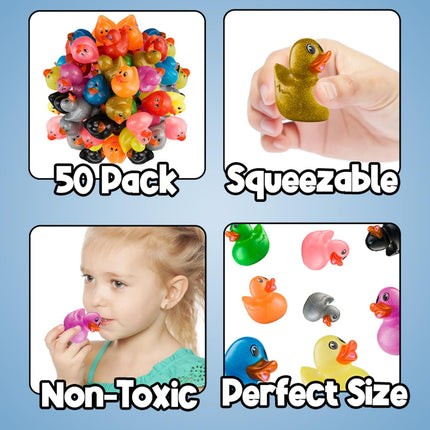 Glitter Rubber Ducks in Bulk - (Pack of 50) Assorted 2-inch Mini Duck Toys for Baby Shower Rubber Duckies, Bath Toy, Birthday Party Favors and Decoration.