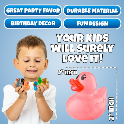 Glitter Rubber Ducks in Bulk - (Pack of 50) Assorted 2-inch Mini Duck Toys for Baby Shower Rubber Duckies, Bath Toy, Birthday Party Favors and Decoration.