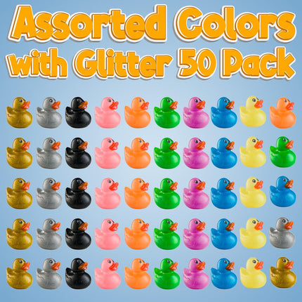 Glitter Rubber Ducks in Bulk - (Pack of 50) Assorted 2-inch Mini Duck Toys for Baby Shower Rubber Duckies, Bath Toy, Birthday Party Favors and Decoration.