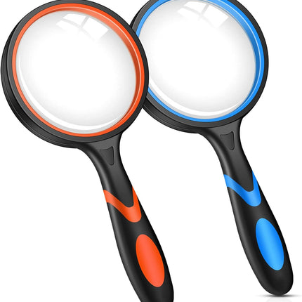 2PCS Upgrade 10X Magnifying Glass, Large Handheld Magnifier Magnafying. Glasses for Kids/Seniors Reading, 3 Inch Shatterproof Lupa Magnify Glass Lens, Soft Non-Slip Rubber Handle - for Observation.