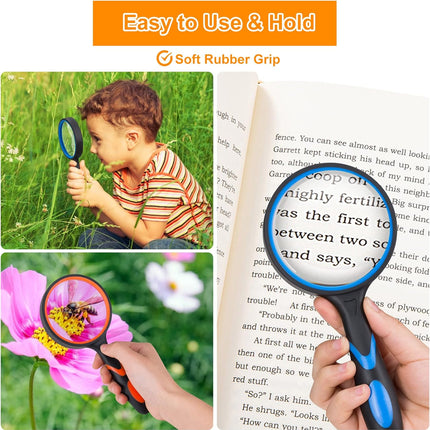 2PCS Upgrade 10X Magnifying Glass, Large Handheld Magnifier Magnafying. Glasses for Kids/Seniors Reading, 3 Inch Shatterproof Lupa Magnify Glass Lens, Soft Non-Slip Rubber Handle - for Observation.
