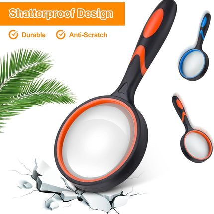 2PCS Upgrade 10X Magnifying Glass, Large Handheld Magnifier Magnafying. Glasses for Kids/Seniors Reading, 3 Inch Shatterproof Lupa Magnify Glass Lens, Soft Non-Slip Rubber Handle - for Observation.