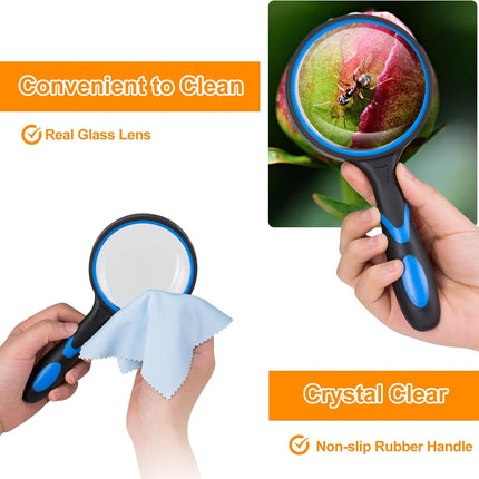 2PCS Upgrade 10X Magnifying Glass, Large Handheld Magnifier Magnafying. Glasses for Kids/Seniors Reading, 3 Inch Shatterproof Lupa Magnify Glass Lens, Soft Non-Slip Rubber Handle - for Observation.