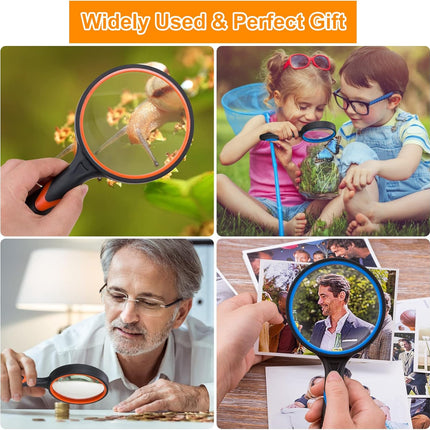 2PCS Upgrade 10X Magnifying Glass, Large Handheld Magnifier Magnafying. Glasses for Kids/Seniors Reading, 3 Inch Shatterproof Lupa Magnify Glass Lens, Soft Non-Slip Rubber Handle - for Observation.