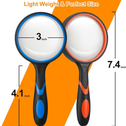 2PCS Upgrade 10X Magnifying Glass, Large Handheld Magnifier Magnafying. Glasses for Kids/Seniors Reading, 3 Inch Shatterproof Lupa Magnify Glass Lens, Soft Non-Slip Rubber Handle - for Observation.