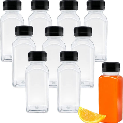 10 Pack Empty Plastic Juice Bottles, 8 Ounce Beverage Container Bottle with Black Tamper Evident Lid, Suitable for Juice, Smoothie and Homemade Beverages.
