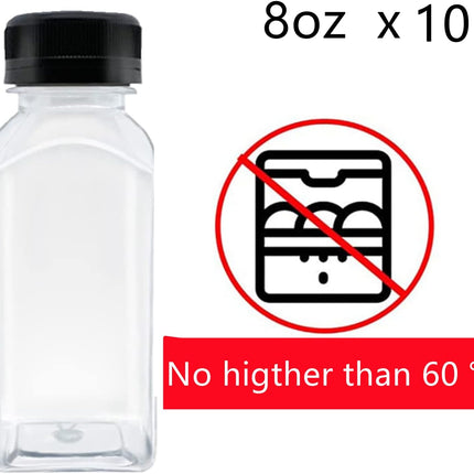 10 Pack Empty Plastic Juice Bottles, 8 Ounce Beverage Container Bottle with Black Tamper Evident Lid, Suitable for Juice, Smoothie and Homemade Beverages.
