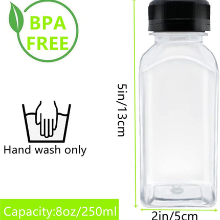 10 Pack Empty Plastic Juice Bottles, 8 Ounce Beverage Container Bottle with Black Tamper Evident Lid, Suitable for Juice, Smoothie and Homemade Beverages.