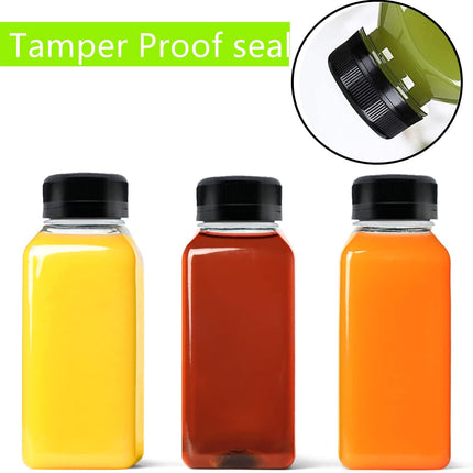 10 Pack Empty Plastic Juice Bottles, 8 Ounce Beverage Container Bottle with Black Tamper Evident Lid, Suitable for Juice, Smoothie and Homemade Beverages.