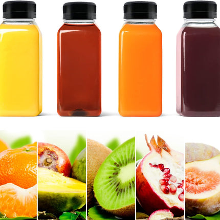 10 Pack Empty Plastic Juice Bottles, 8 Ounce Beverage Container Bottle with Black Tamper Evident Lid, Suitable for Juice, Smoothie and Homemade Beverages.
