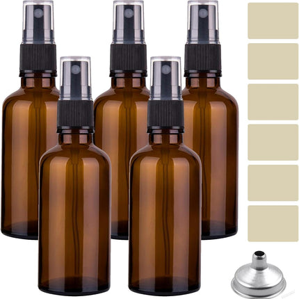 Glass Spray Bottles Amber Empty Spray Bottle Set of 5 Fine Mist Small Spraying Bottle with Funnel and Labels for Essential Oil Perfume Hair, 1.7oz.