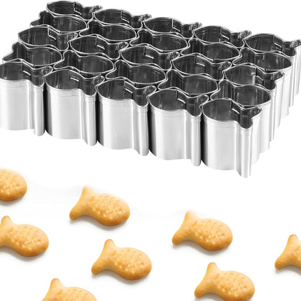 Gold Fish Cracker Cutter - 25 Cavity Fish Shaped Cookie Cutter - Stainless Steel - Silver - 1 Piece.