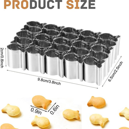 Gold Fish Cracker Cutter - 25 Cavity Fish Shaped Cookie Cutter - Stainless Steel - Silver - 1 Piece.