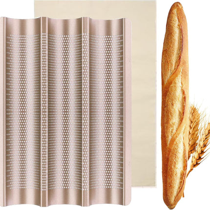 Baguette Pan, French Bread Baking Pan Perforated 3 Loaves Long Italian Bread Pan Mold Nonstick Baguettes Bakery Tray with Proofing Cloth,15"x11".