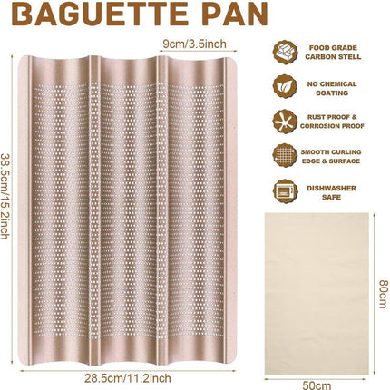 Baguette Pan, French Bread Baking Pan Perforated 3 Loaves Long Italian Bread Pan Mold Nonstick Baguettes Bakery Tray with Proofing Cloth,15"x11".