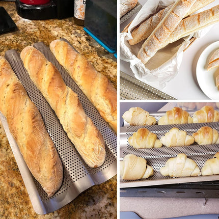 Baguette Pan, French Bread Baking Pan Perforated 3 Loaves Long Italian Bread Pan Mold Nonstick Baguettes Bakery Tray with Proofing Cloth,15"x11".