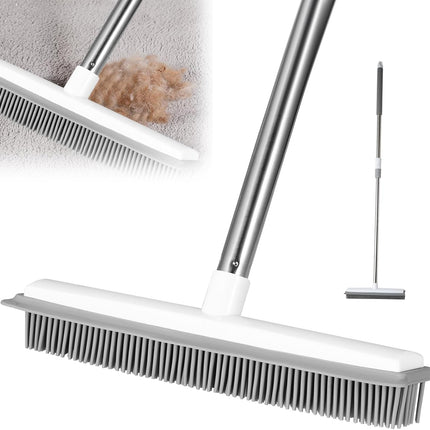 Pet Hair Removal Broom Long Handle Adjustable Carpet Rake Cat Dog Hair Remover Rubber Broom with Built in Squeegee Lint Remover Brush for Carpets Couch Rugs Mats Stairs (53inch).