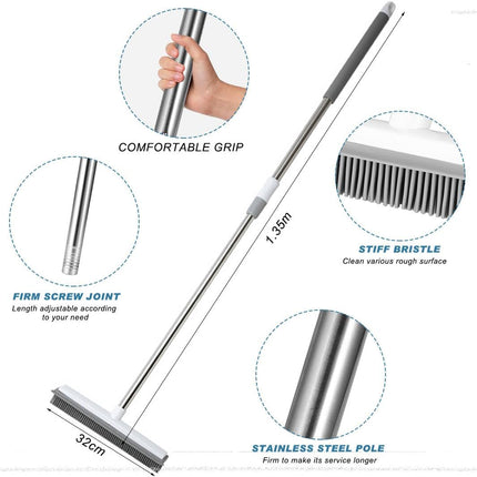 Pet Hair Removal Broom Long Handle Adjustable Carpet Rake Cat Dog Hair Remover Rubber Broom with Built in Squeegee Lint Remover Brush for Carpets Couch Rugs Mats Stairs (53inch).