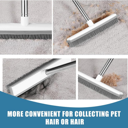 Pet Hair Removal Broom Long Handle Adjustable Carpet Rake Cat Dog Hair Remover Rubber Broom with Built in Squeegee Lint Remover Brush for Carpets Couch Rugs Mats Stairs (53inch).