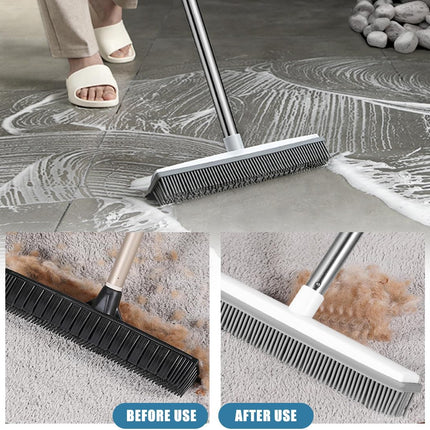 Pet Hair Removal Broom Long Handle Adjustable Carpet Rake Cat Dog Hair Remover Rubber Broom with Built in Squeegee Lint Remover Brush for Carpets Couch Rugs Mats Stairs (53inch).