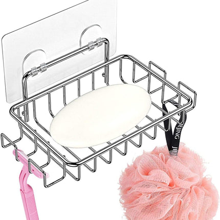 Soap Dish Soap Holder with 4 Hooks for Shower, Bathroom Rust Proof 304 Stainless Steel Soap and Sponge Saver, Adhesive No Drilling.