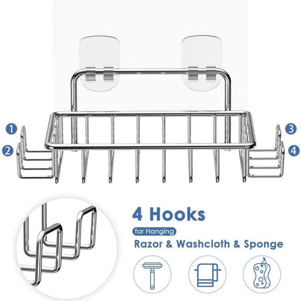 Soap Dish Soap Holder with 4 Hooks for Shower, Bathroom Rust Proof 304 Stainless Steel Soap and Sponge Saver, Adhesive No Drilling.