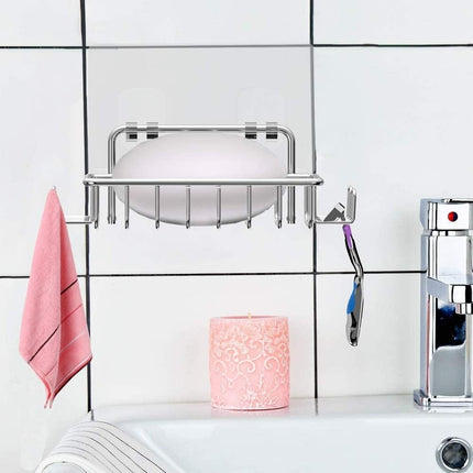 Soap Dish Soap Holder with 4 Hooks for Shower, Bathroom Rust Proof 304 Stainless Steel Soap and Sponge Saver, Adhesive No Drilling.