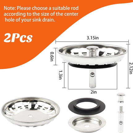 2 Packs Kitchen Sink Strainer Drain Stopper, 3.15 Inch/8cm 304 Stainless Steel Sink Plug with Anti-Clogging Basket.
