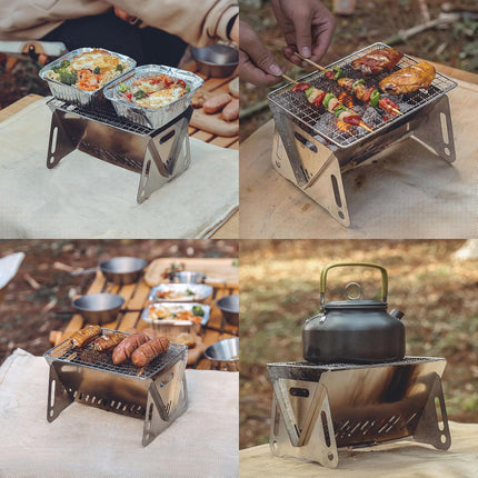 Portable Folding Camping Grill, Portable Fire Pit for Camping, Outdoor Campfire Grill Cooking for Picnics Fire Pit, Stainless Steel Assemblable Removable Stove with Grill Mesh.